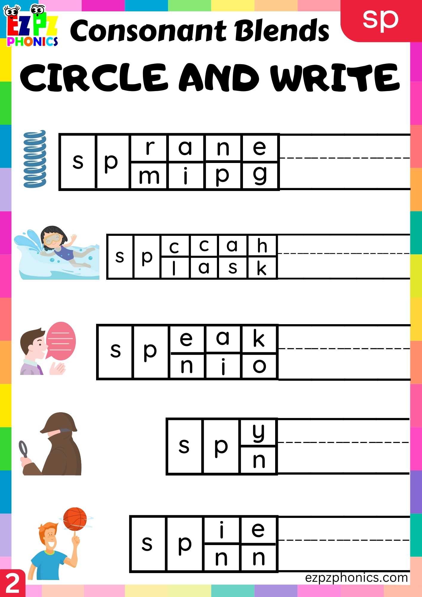 Group2 SP Words Circle And Write Phonics Consonant Blends Worksheet